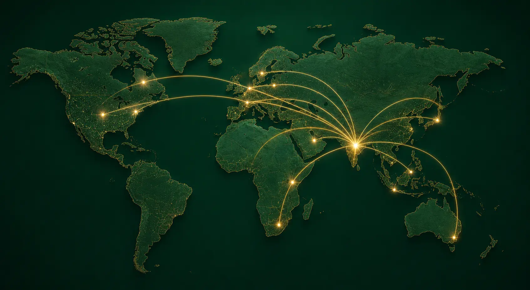 World map with golden trade routes from Moradabad, India to international markets
