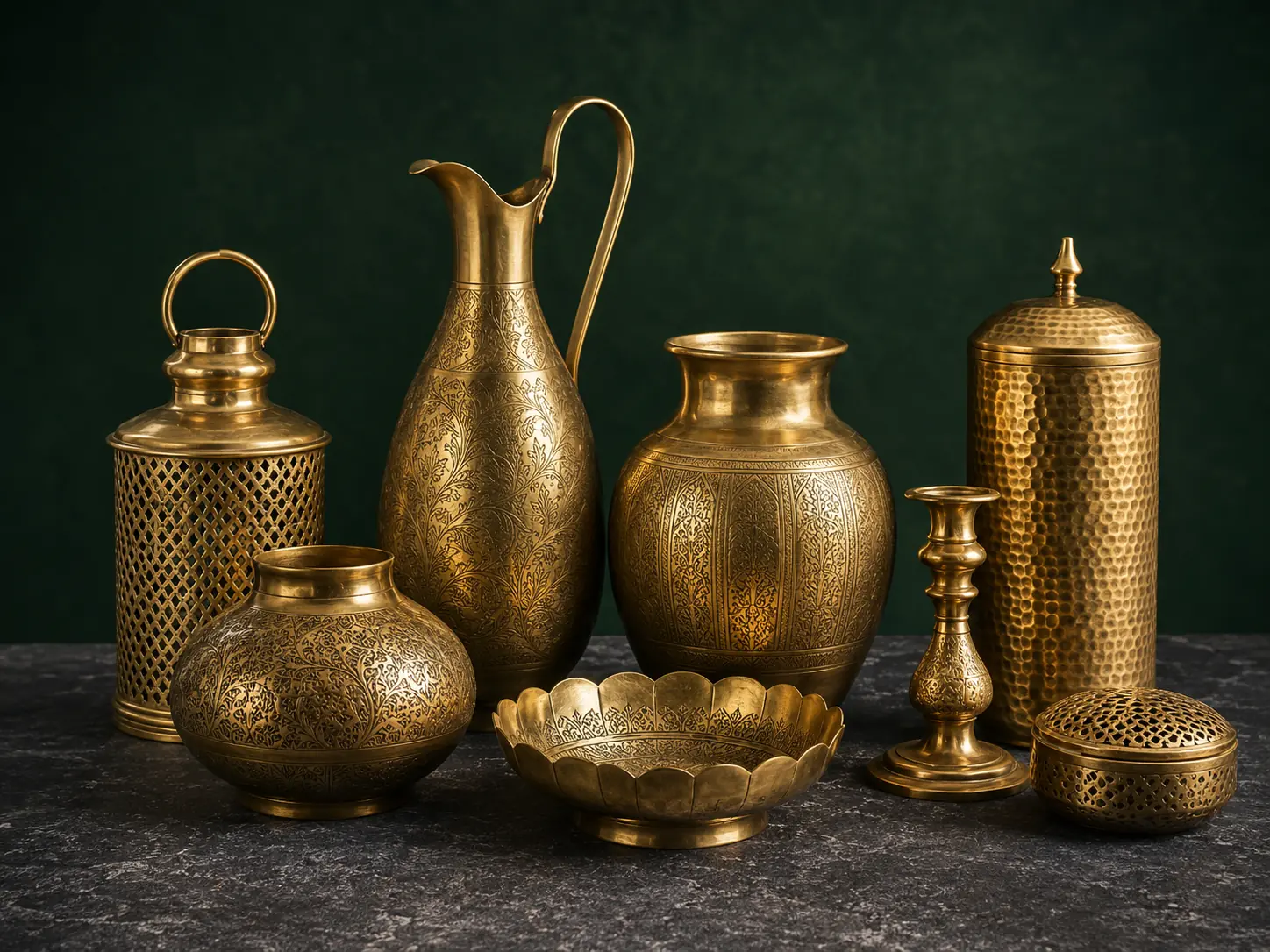 Curated brass handicraft objects arranged for a premium product catalogue