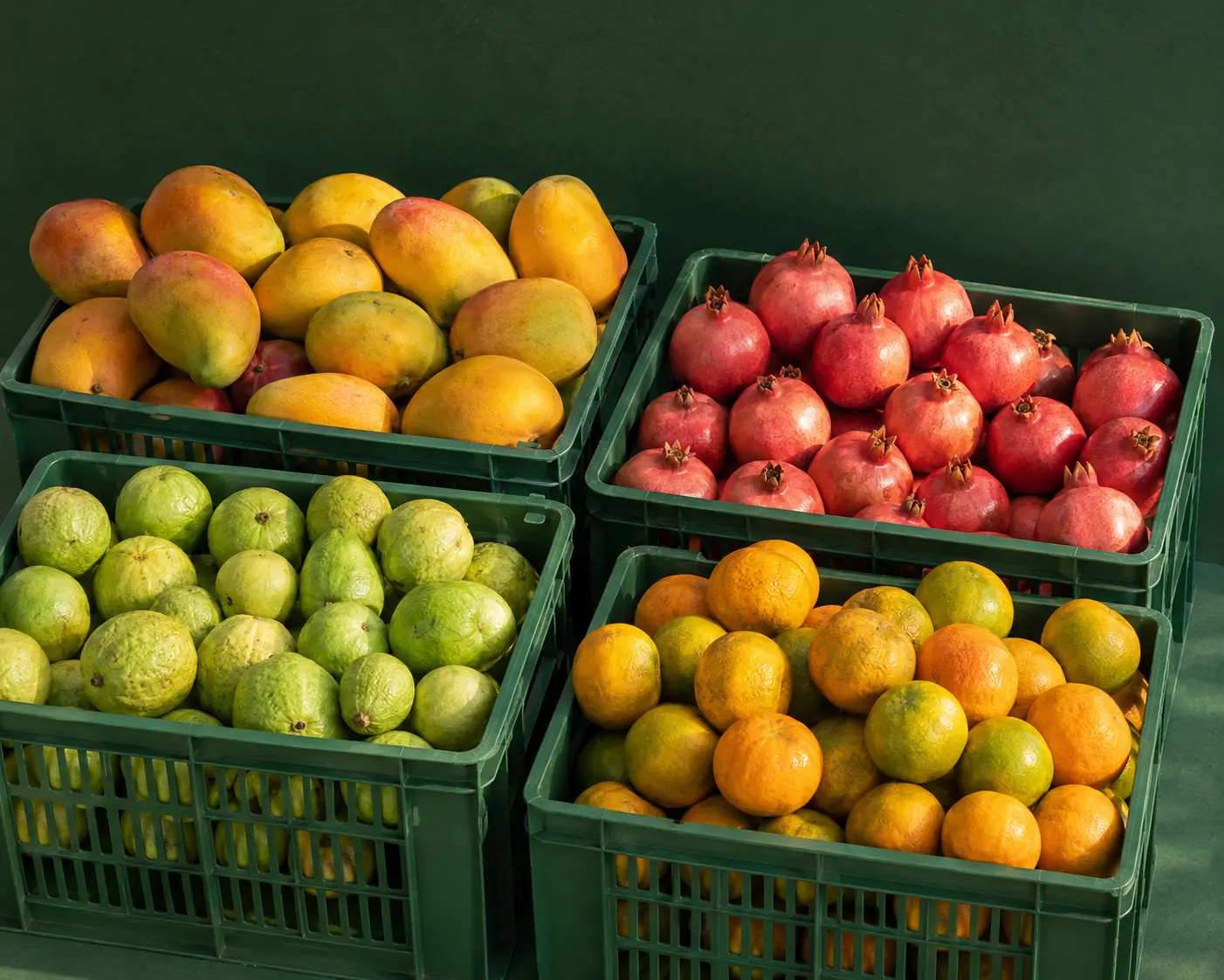 Fresh export-quality Indian fruits arranged in produce crates
