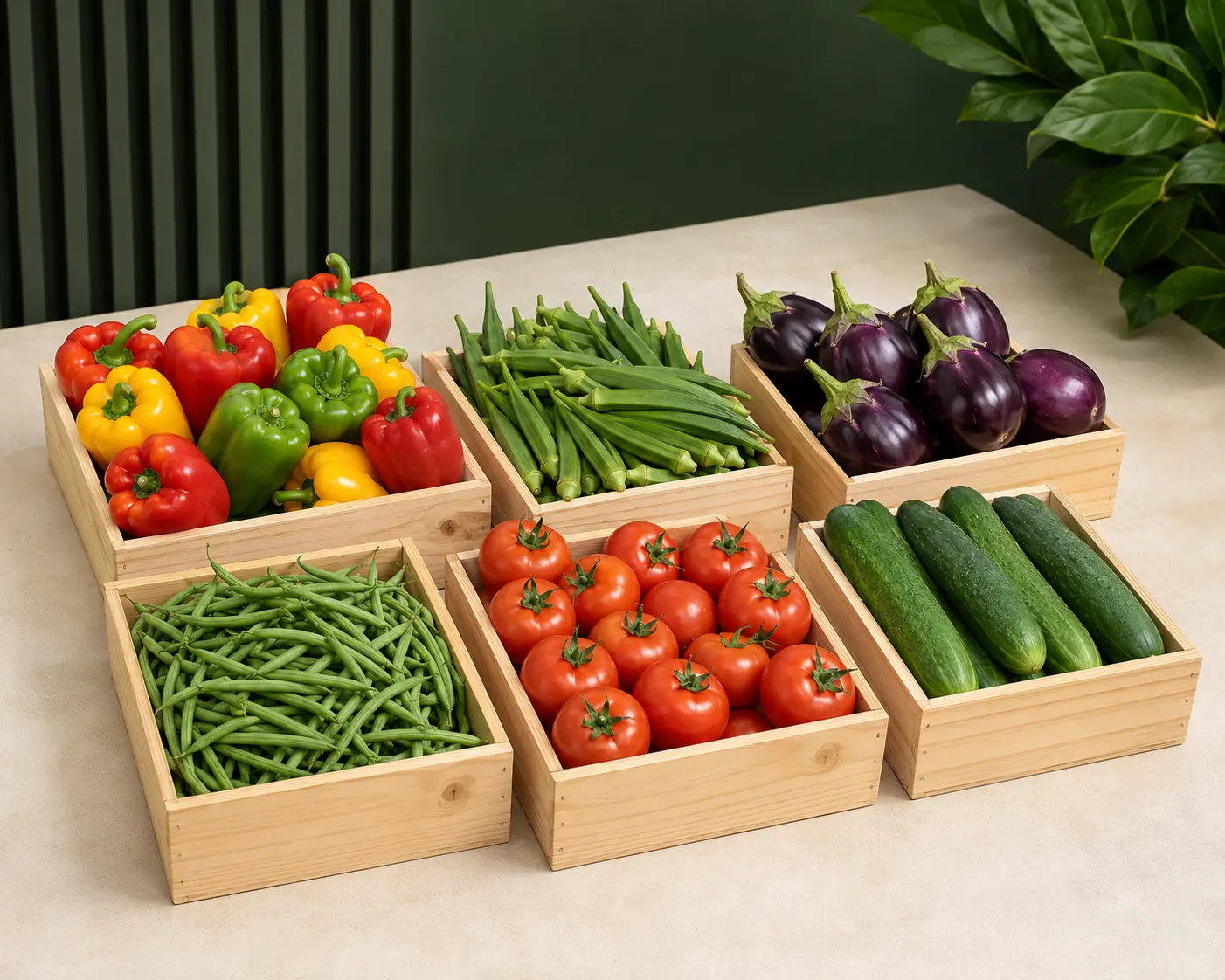 Fresh vegetables sorted into clean crates for commercial distribution