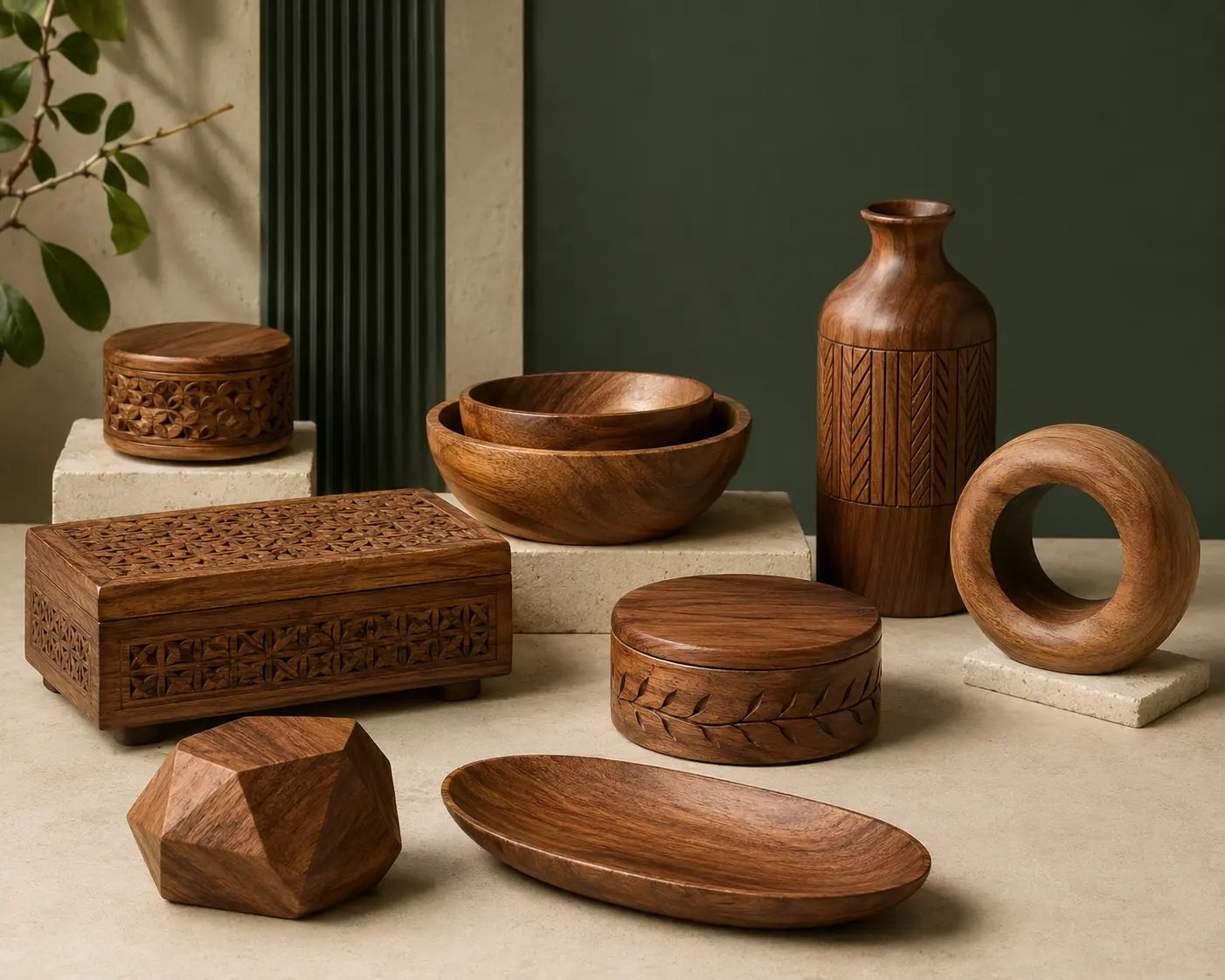 Carved wooden handicrafts with natural grain and a refined finish